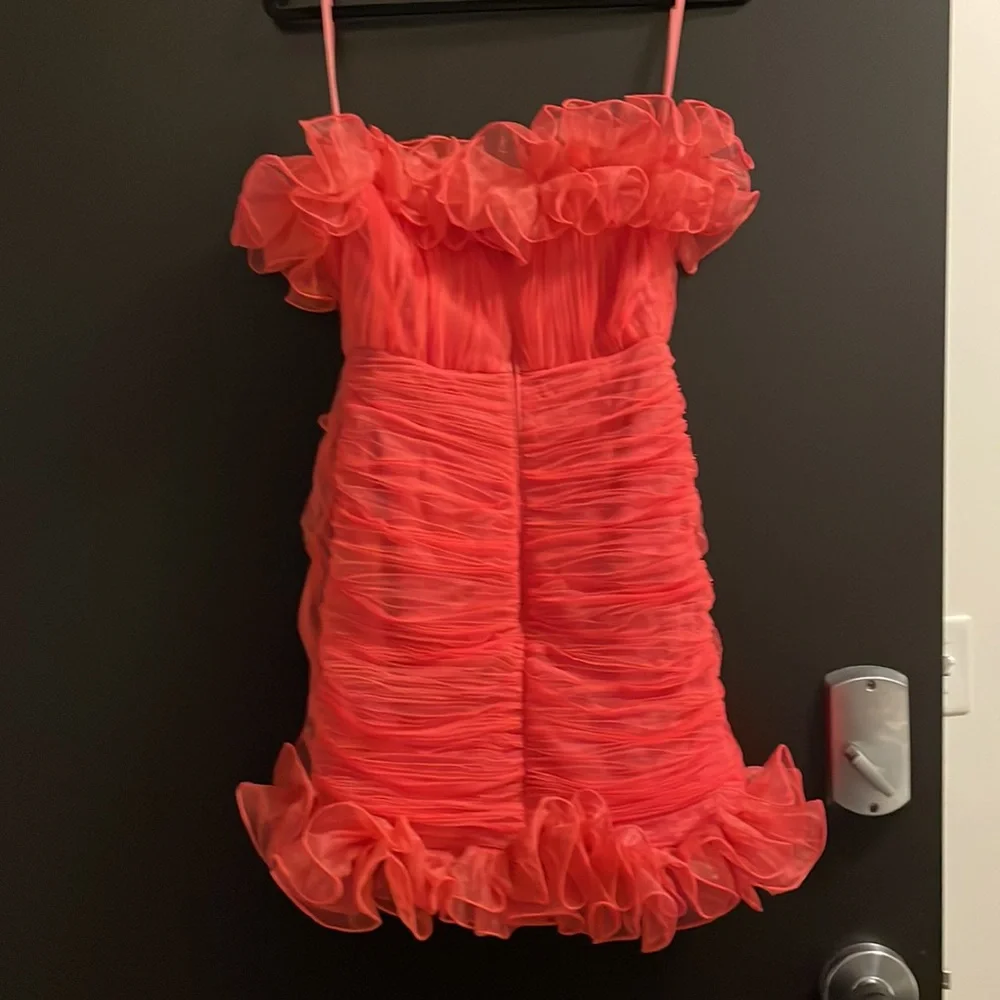 ASOS DESIGN Ruffle Mesh Red/Pink Mini Dress - Picture 6 of 7